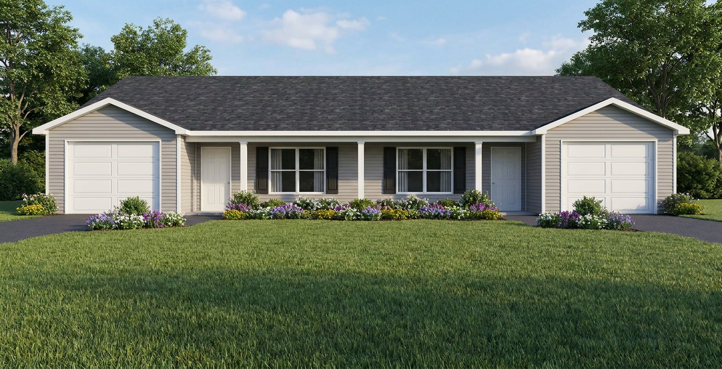 Duplex plan with a garage for each unit. J0408-14d